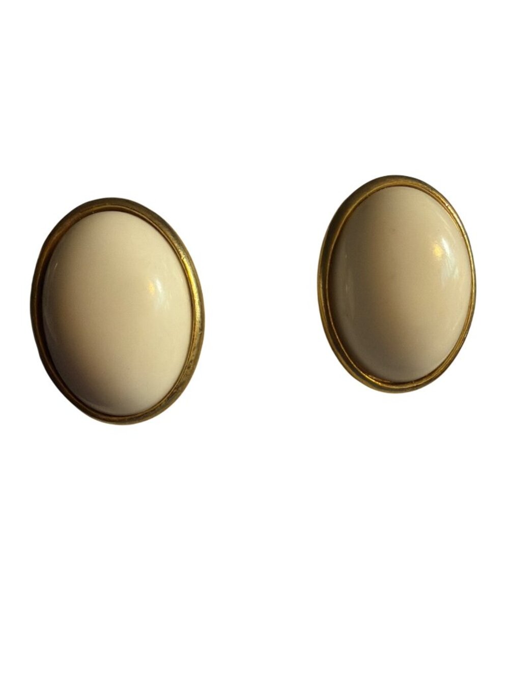 Vtg Trifari Gold Tone White Earrings Oval Cabochon Pierced Signed Estate 1.25"